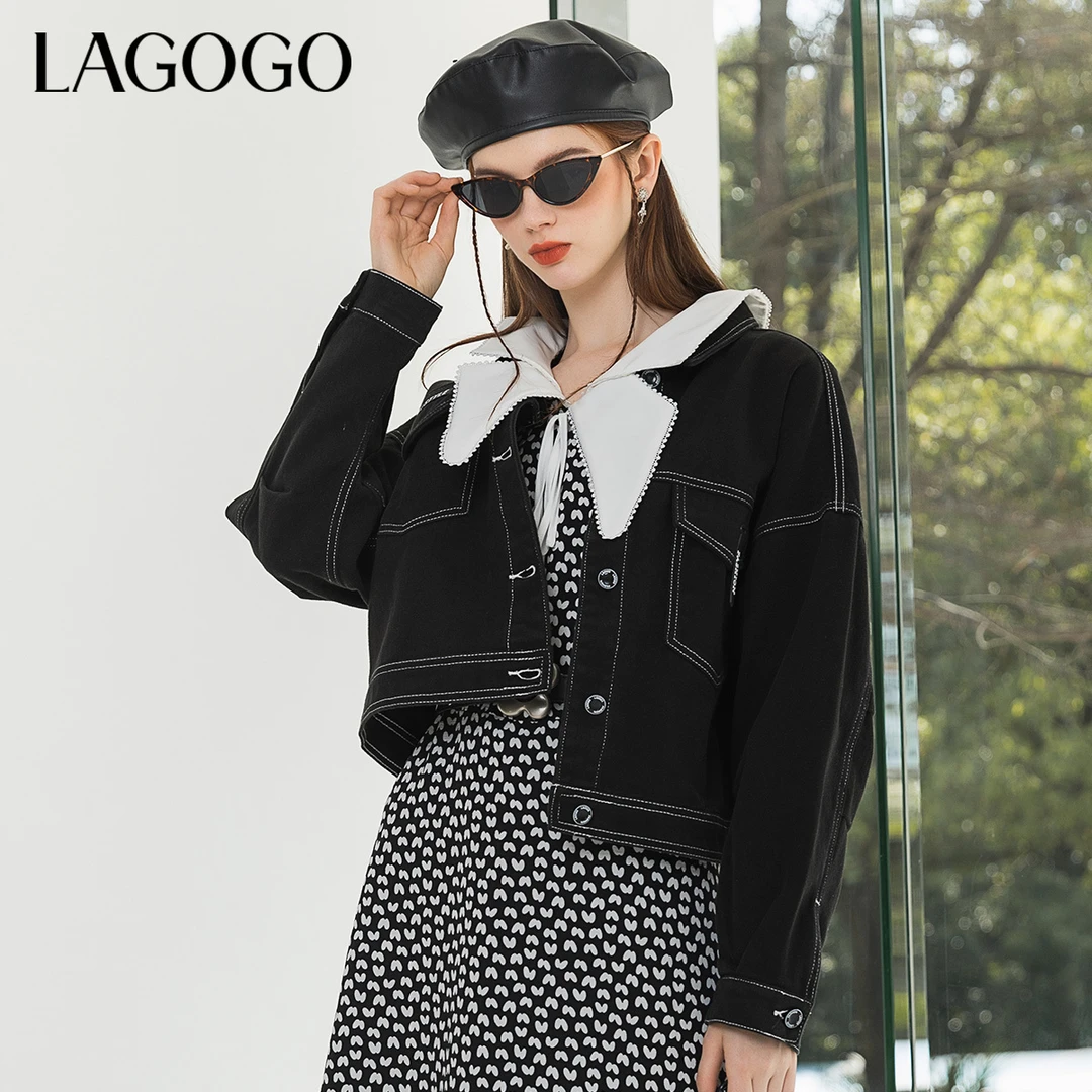 Lagogo新款翻领纯棉黑色短款牛仔外套撞色明线设计感上衣时尚