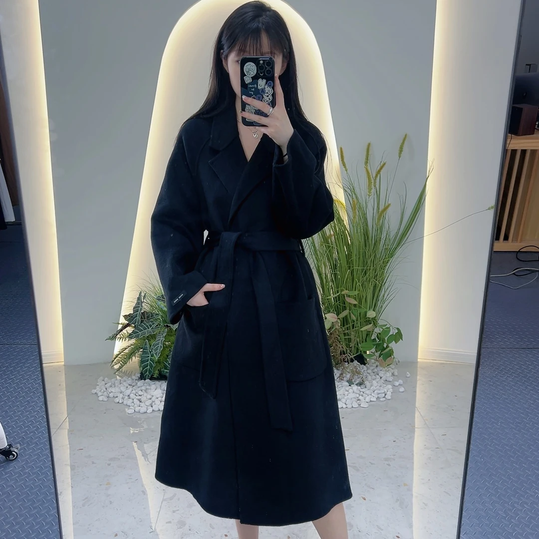 Lagogo/拉谷谷拉谷谷新款黑色浴袍名媛气质风手工缝制双面呢大衣