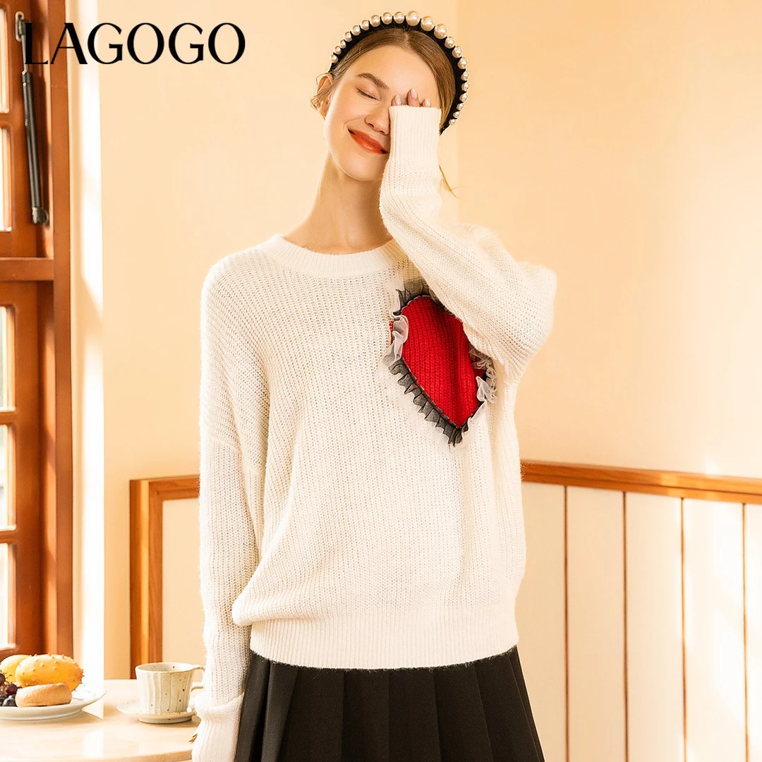 Lagogo冬季新款白色圆领套头气质针织衫女慵懒风显瘦毛衣爱心小众