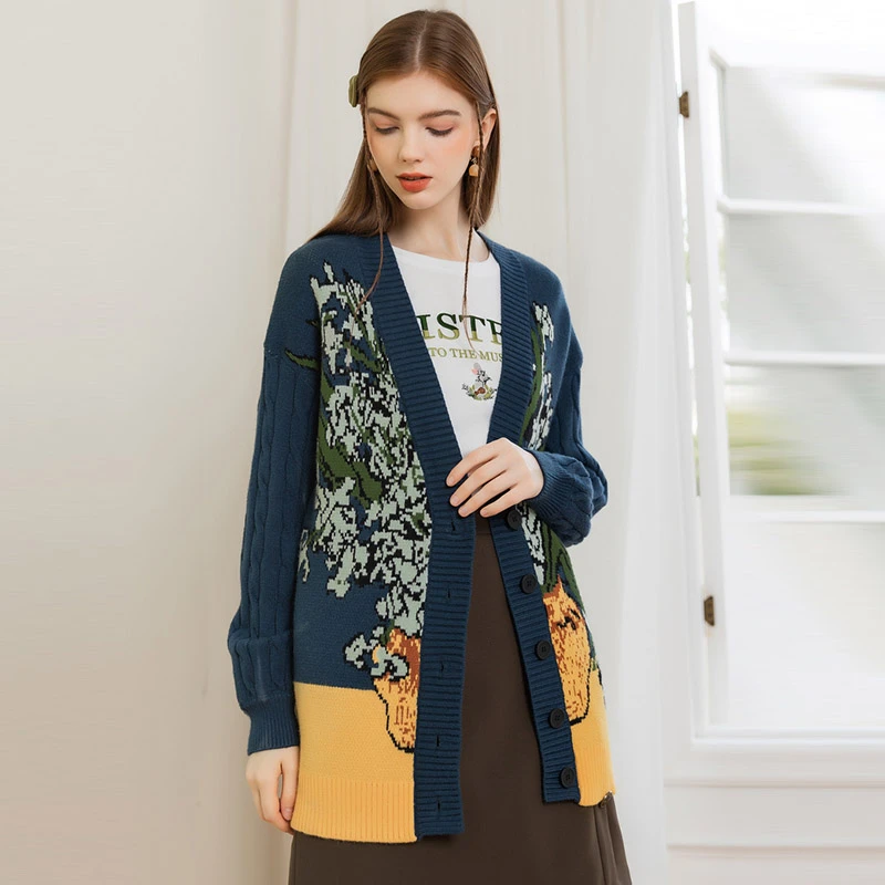 新款专柜同款遮肉显瘦时尚设计款开衫羊绒毛衣秋冬外套提花女士