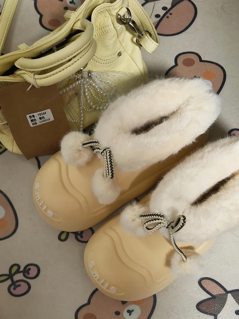 奶呼呼可爱eva棉鞋雨靴可拆卸外穿加绒保暖毛毛鞋黄色平底百搭