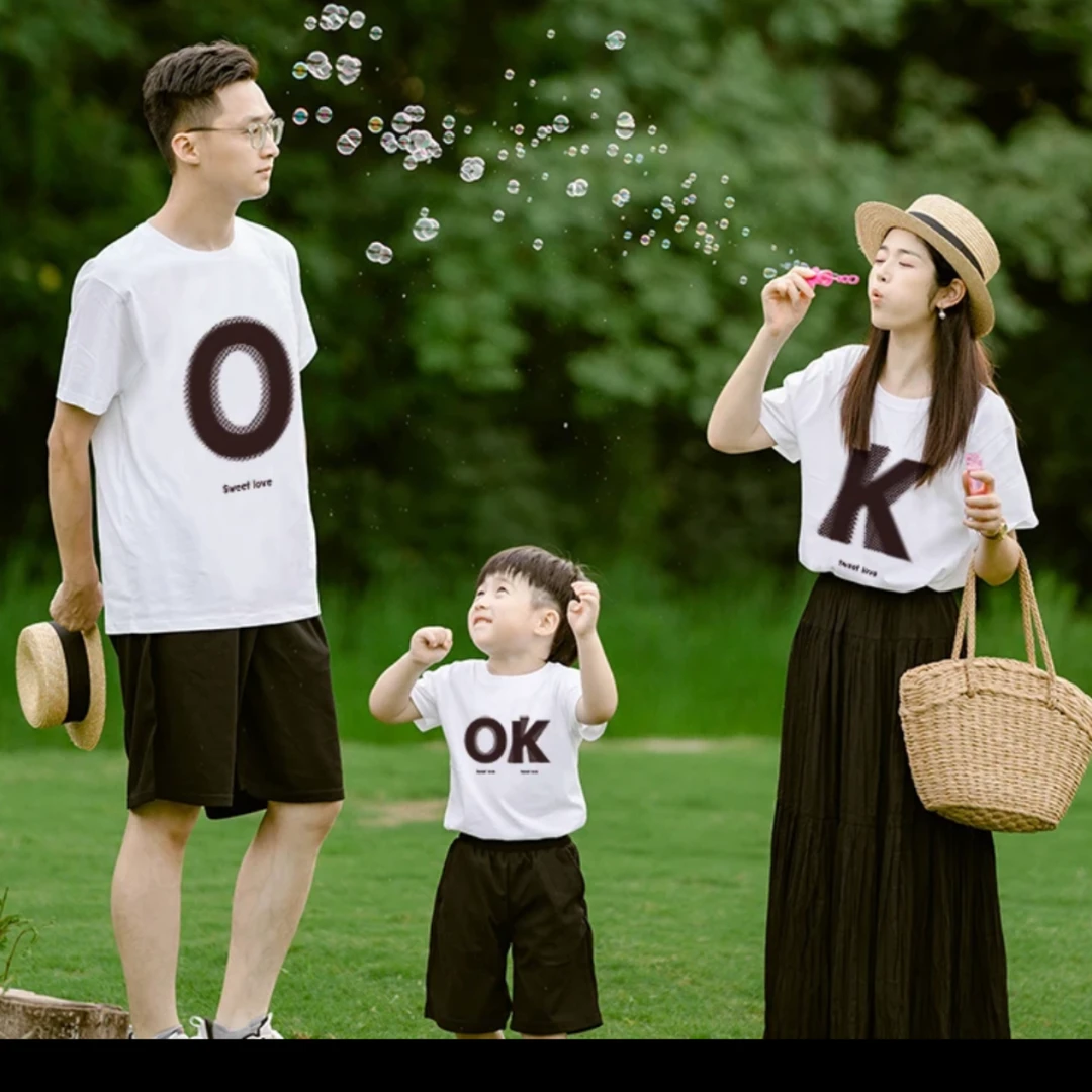 咖啡色OK亲子装夏季时尚短袖T恤春夏新款圆领百搭精梳棉白t体恤