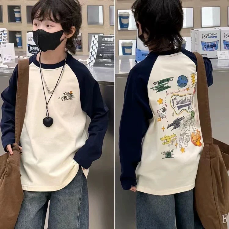 大E小e童装2024秋季儿童卡通插肩袖长袖T恤男女童撞色打底衫5228