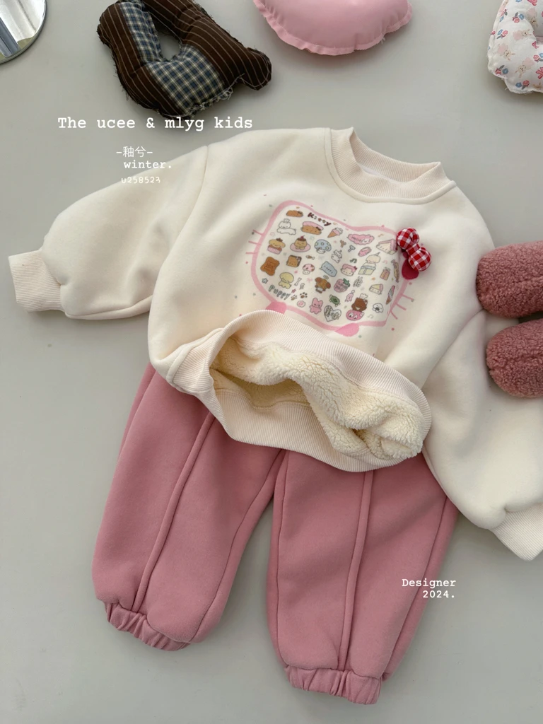 【米粒Kids】uc猫咪蝴蝶结粉裤子加厚加绒套装 258523