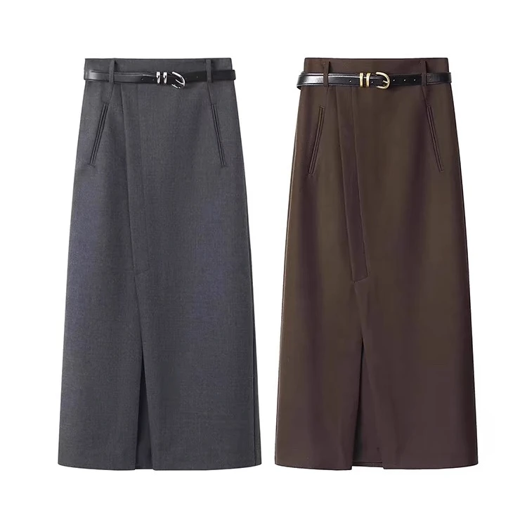 5767高腰A字开叉半身裙女2024冬季带腰带西装半身长裙子