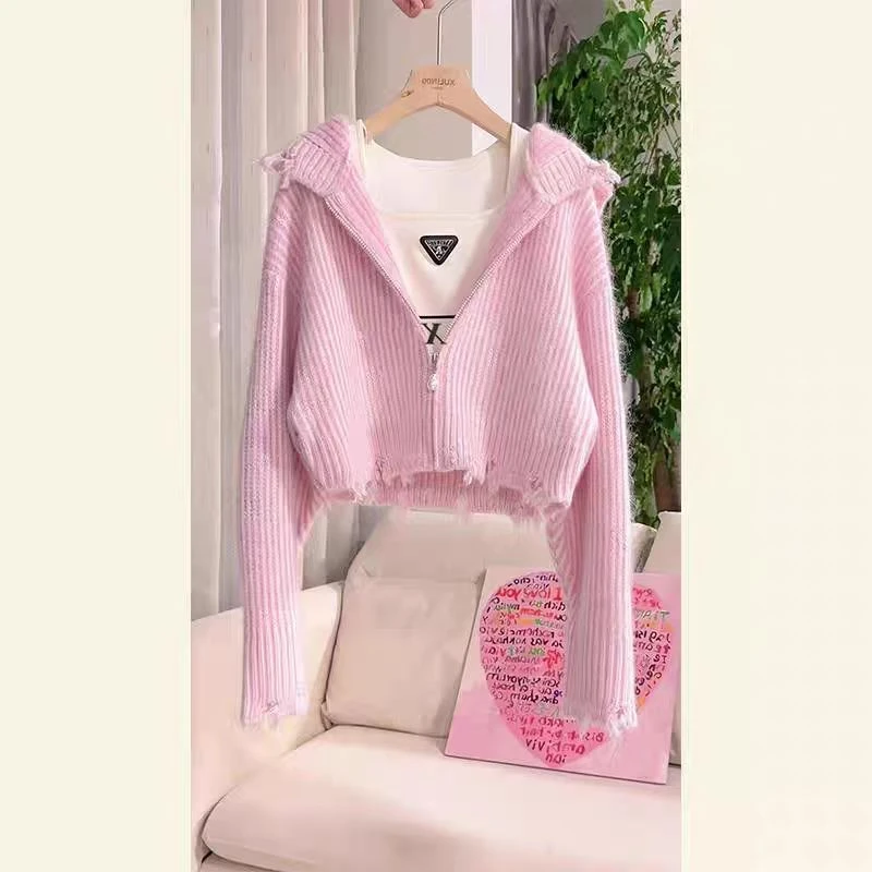 【粉色开衫】韩系慵懒风甜美高级感粉色针织开衫女2561