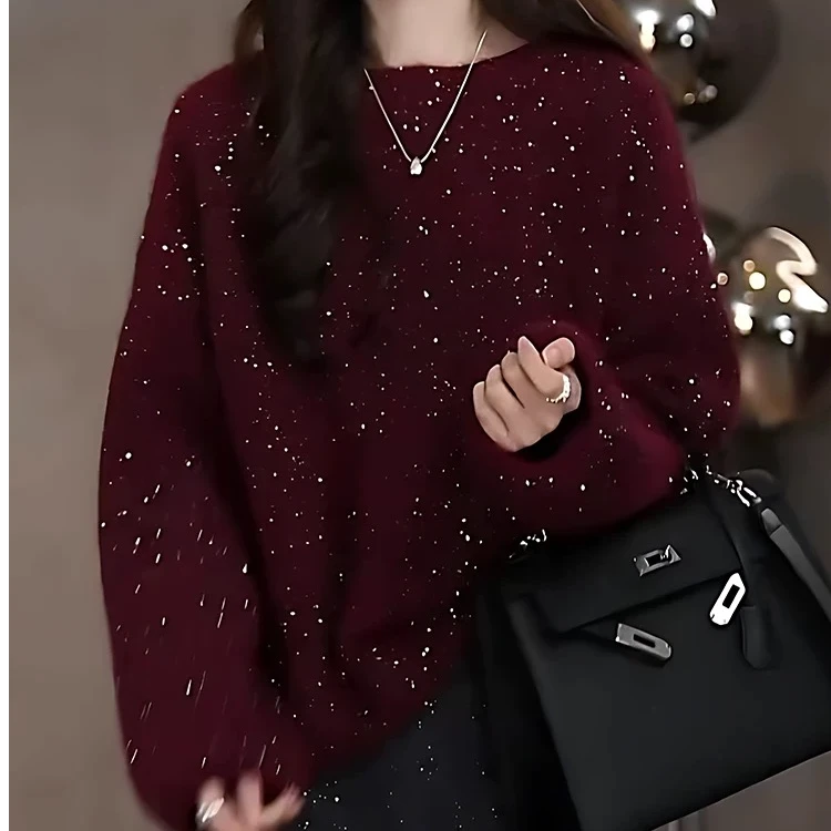 红运当头 长袖时尚厚款秋冬宽松套头圆领针织上衣红色毛衣9011