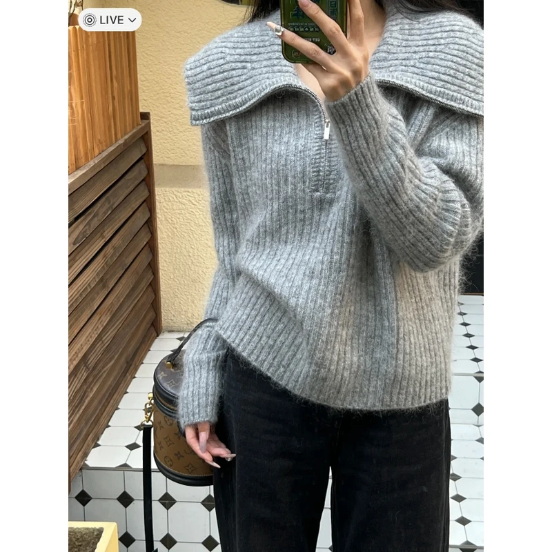 【刘叮铃专属】毛衣女款2024新款秋冬大翻领半拉链长袖针织衫慵懒风