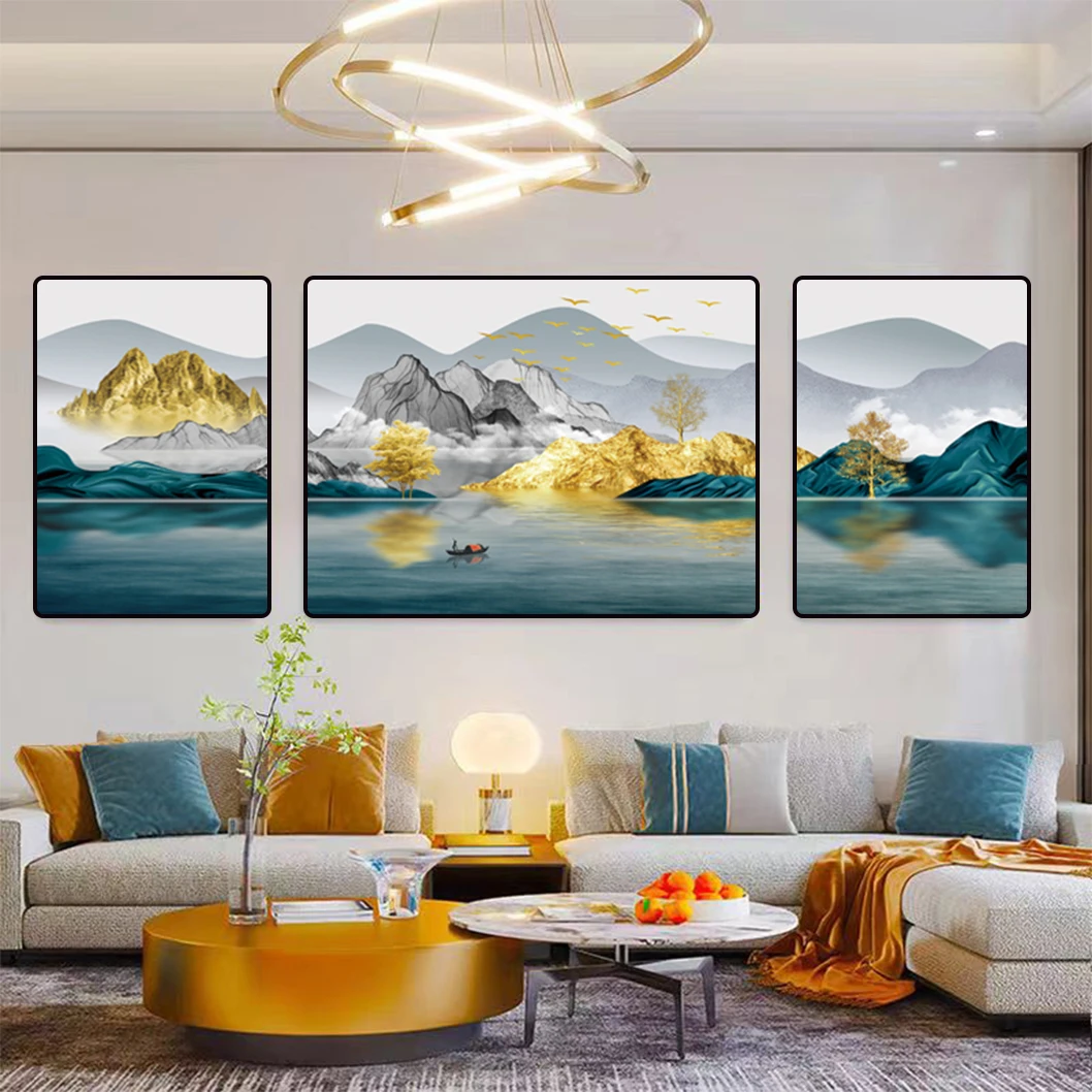 轻奢客厅装饰画三联画北欧沙发背景画大气水墨山水沙发装饰画