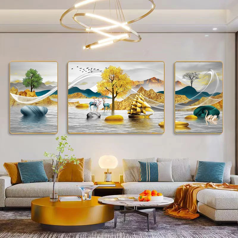 PL003一帆风顺高级客厅沙发背景墙装饰画山水画轻奢大气挂画