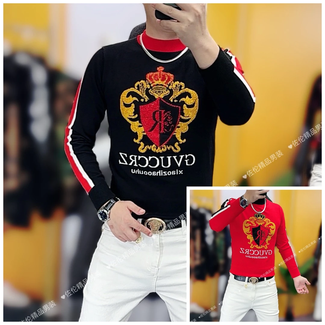 冬新款时尚潮流男士修身烫钻百搭圆领毛衣8170