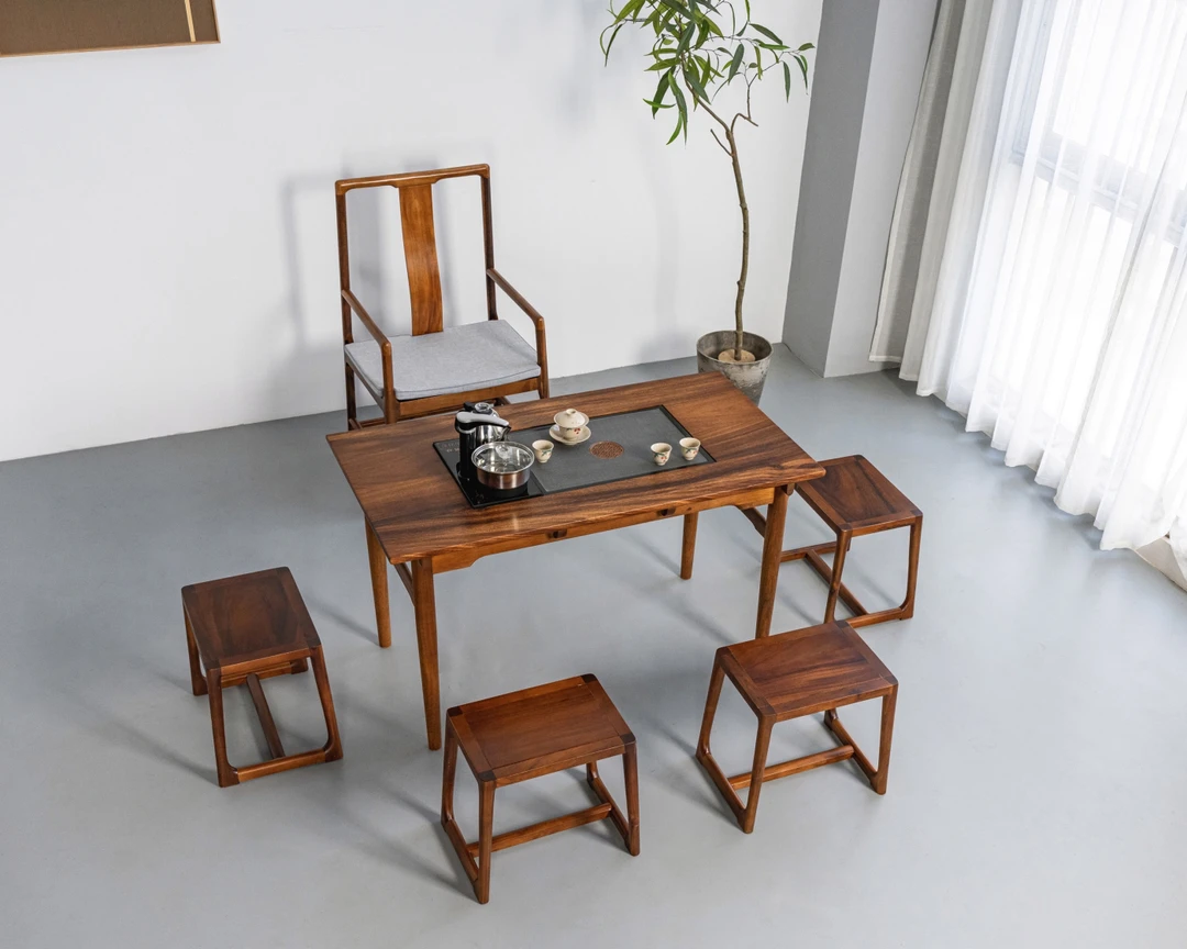 新中式胡桃木云兮茶桌6件套128-68-75