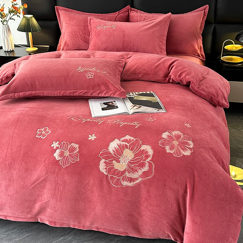 新款尝鲜加厚纯色牛奶绒绣花四件宝宝绒轻奢双面绒床裙款家用