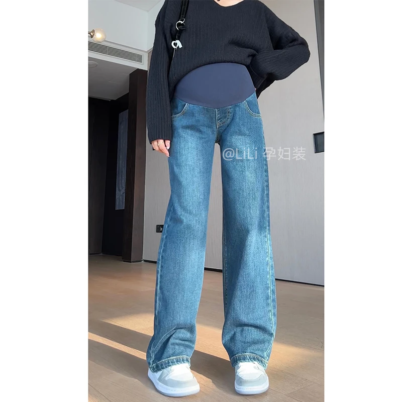 【春秋新品】孕妇牛仔裤春夏新款拖地裤宽松托腹直筒孕期阔腿裤子