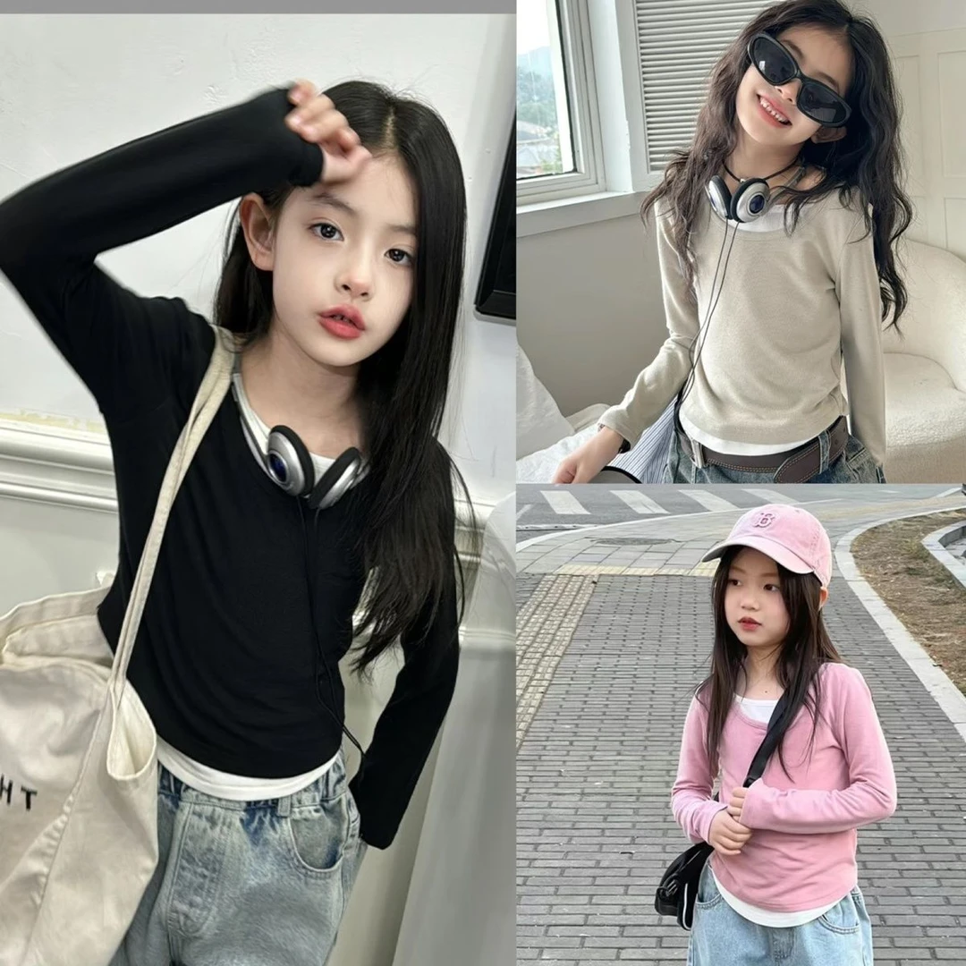 女童秋装新款儿童拼接假两件中大童长袖t恤小女孩修身百搭打底衫