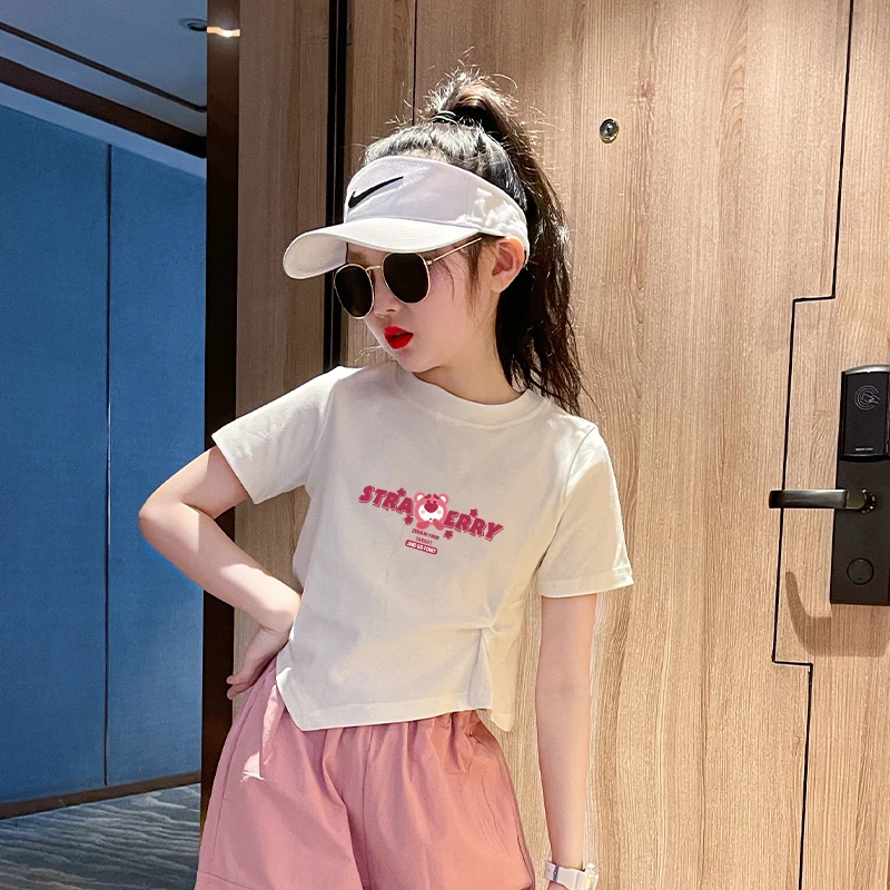 女童夏装短袖t恤中大儿童小女孩夏季不规则修身短款白色上衣童装