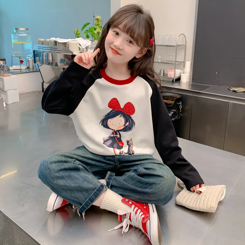 女童秋装新款纯棉插肩袖长袖t恤儿童洋气春秋季小女孩打底衫上衣