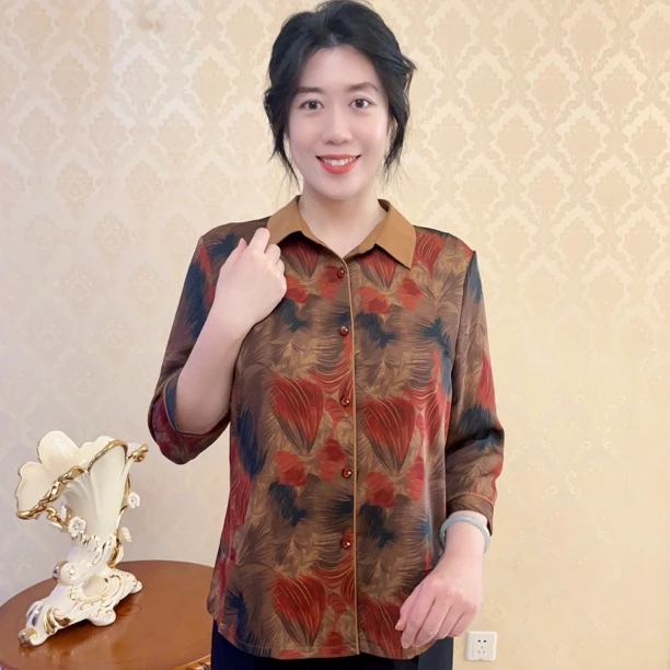 中老年妈妈装夏季薄款复古时尚洋气上衣七分袖舒适透气大码宽松