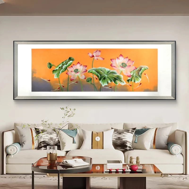 大横幅别墅客厅装饰画沙发背景墙挂画高端苏绣画荷花织锦绣墙画