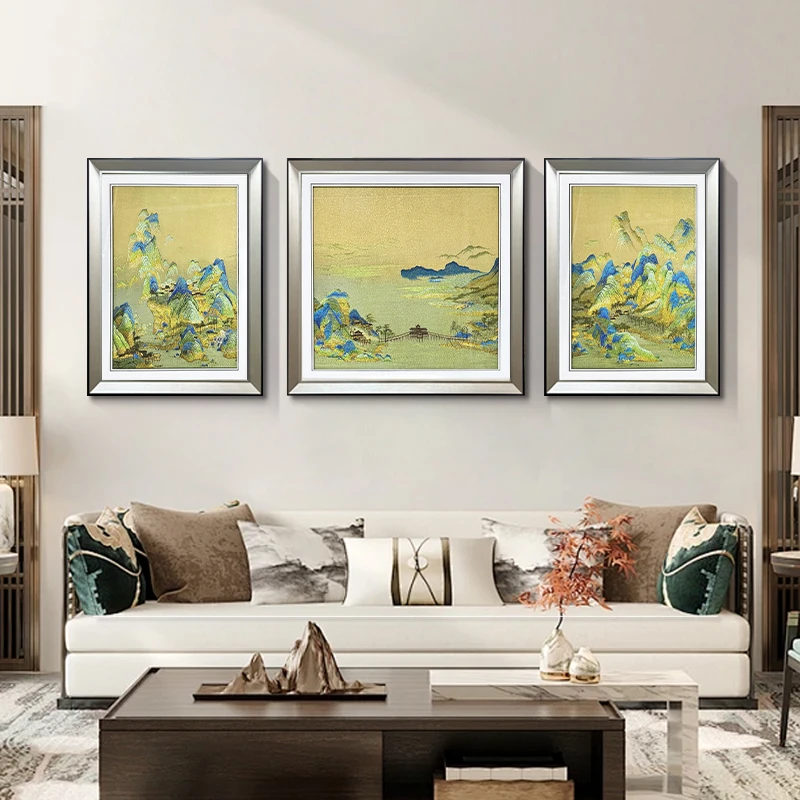荣耀佳画千里江山图中式客厅装饰画沙发背景墙高端刺绣大气壁画新