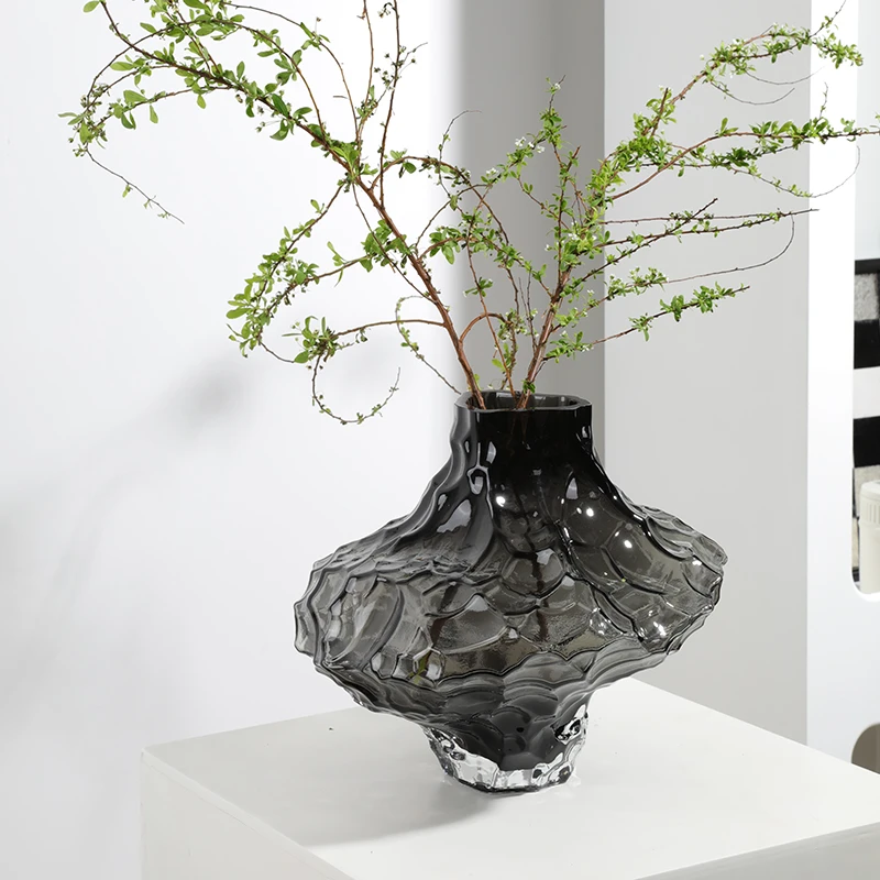 北欧设计师丹麦山谷纹烟灰色透明玻璃水养花瓶摆件高档轻奢样板房