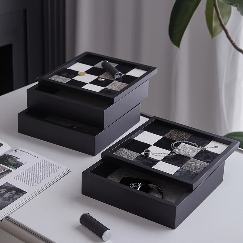 法式马毛棋盘格首饰盒高档精致卧室衣帽间手表戒指珠宝大容量收纳