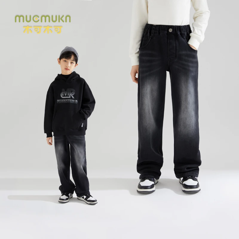 男童冬日加绒牛仔裤做旧晕染加厚中大童保暖直筒裤潮M34ZK2167