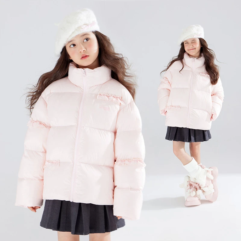 火山岩发热三防面料儿童羽绒服木耳边高充90白鸭绒M44XY2813