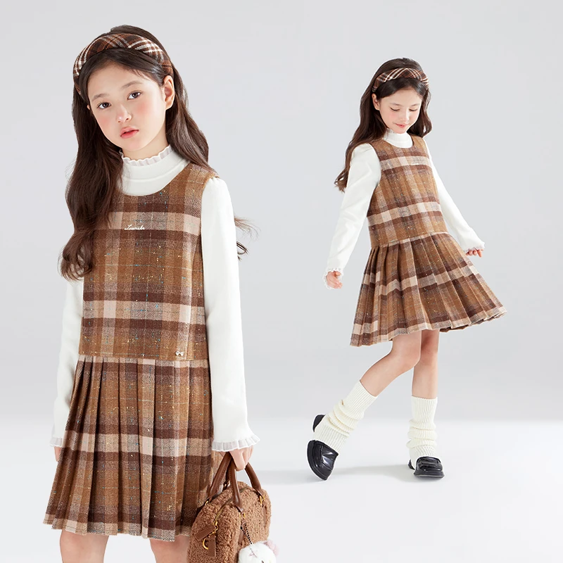 彩点格纹呢女童背心裙冬季磨毛复古棕学院连衣裙M44XQ2883
