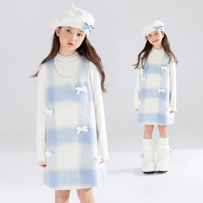 毛绒蓝白格纹呢女童蝴蝶结背心裙冬季连衣裙舞台礼服M44XQ2919