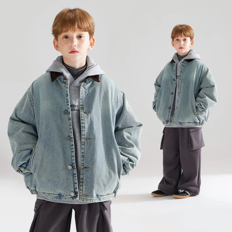潮牌牛仔夹克灯芯绒翻领超厚夹棉冬季外套男童新款M44ZW3292