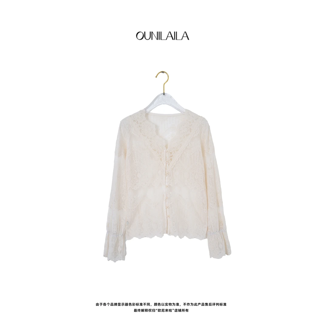 欧尼家【薄荷曼波】复古小性感长袖蕾丝衫 / 法式浪漫元素 LS7244N