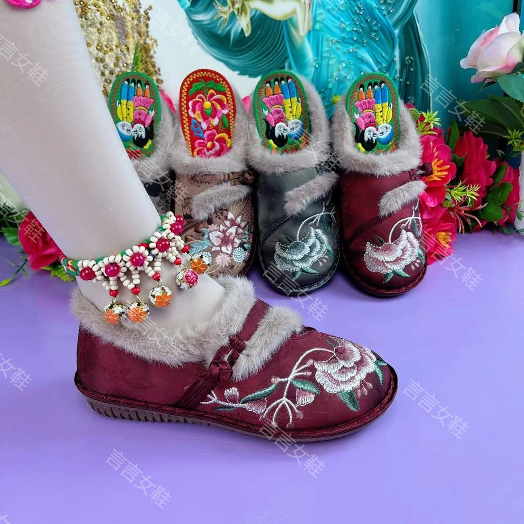 新款老北京软底加厚一脚蹬民族风加棉绣花棉鞋～1318