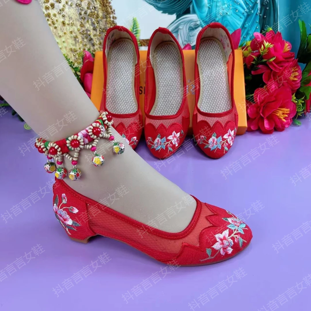 夏季新款老北京单鞋绣花镂空冰丝网3公分方跟单鞋