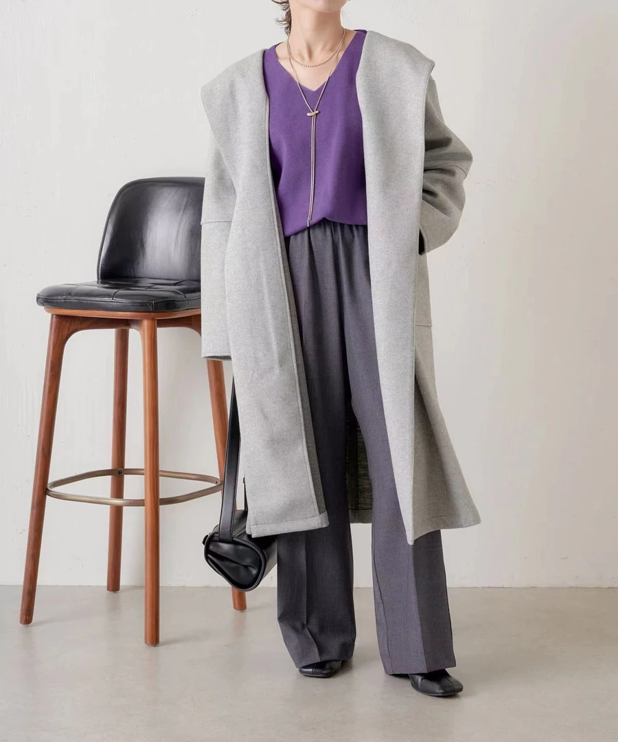 日单无标宽松版毛呢外套长款气质洋气时尚秋冬春秋无扣敞口无内衬