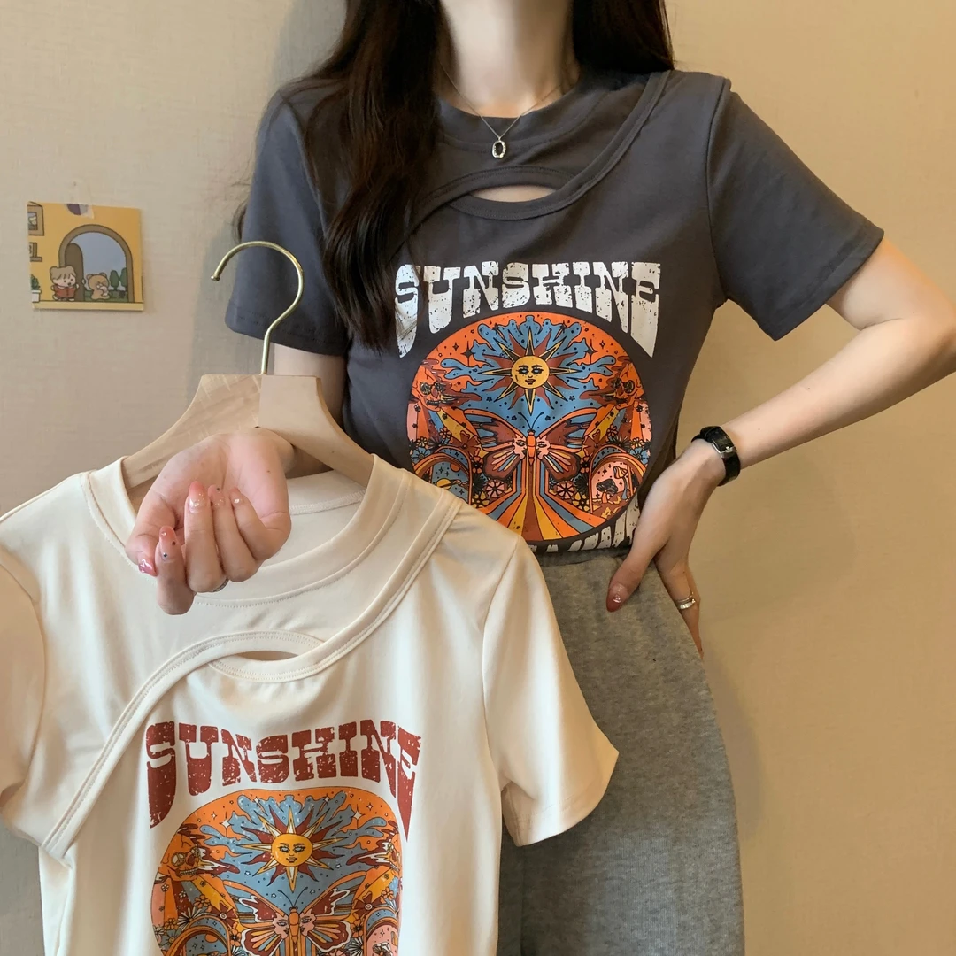 大码胖MM美式辣妹镂空短袖T恤女2023夏季设计感小众印花显瘦上衣