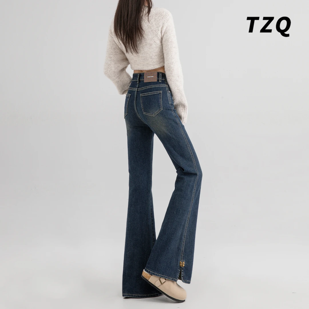 美式复古高腰牛仔裤女2024秋冬加绒新款修身显瘦喇叭裤TZQ110243