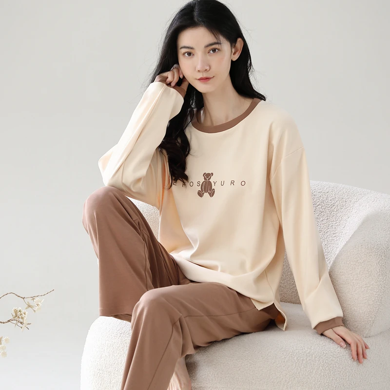 睡衣女纯棉春秋新款长袖圆领套装宽松休闲简约透气家居服秋天薄款