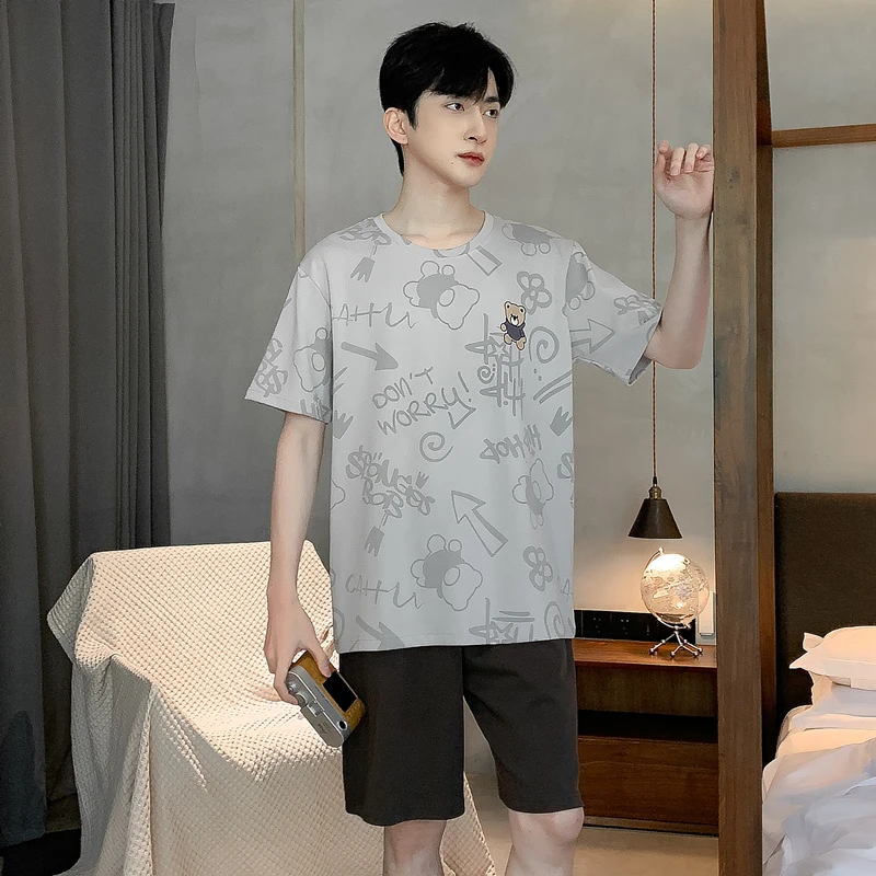 睡衣男士2023年纯棉薄款套装短袖短裤休闲家居服夏季宽松印花卡通