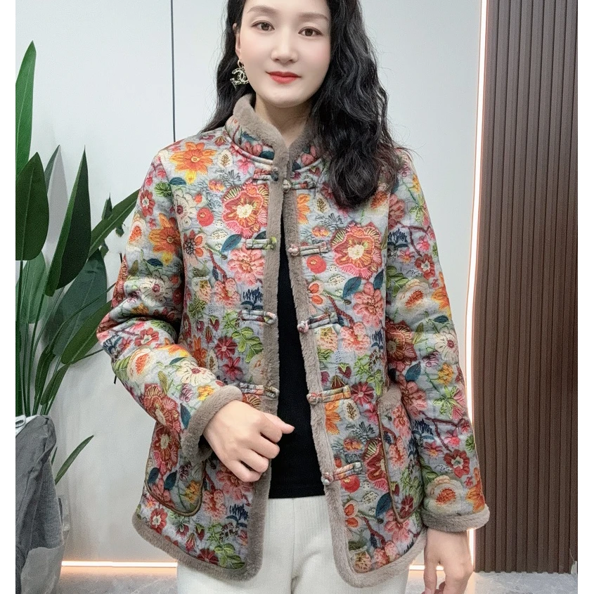 冬季新款加绒加厚新中式盘扣碎花棉衣时尚百搭中老年妈妈装厚外套