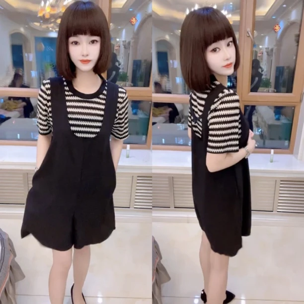 2024夏季新款时尚圆领条纹半袖黑色背带裤两件套洋气宽松套装女潮