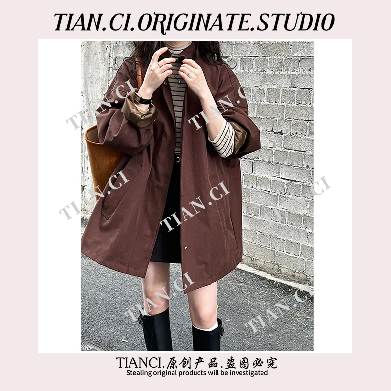 春秋高级感气质廓形立领风衣女慵懒风日系极简oversize中长款外套