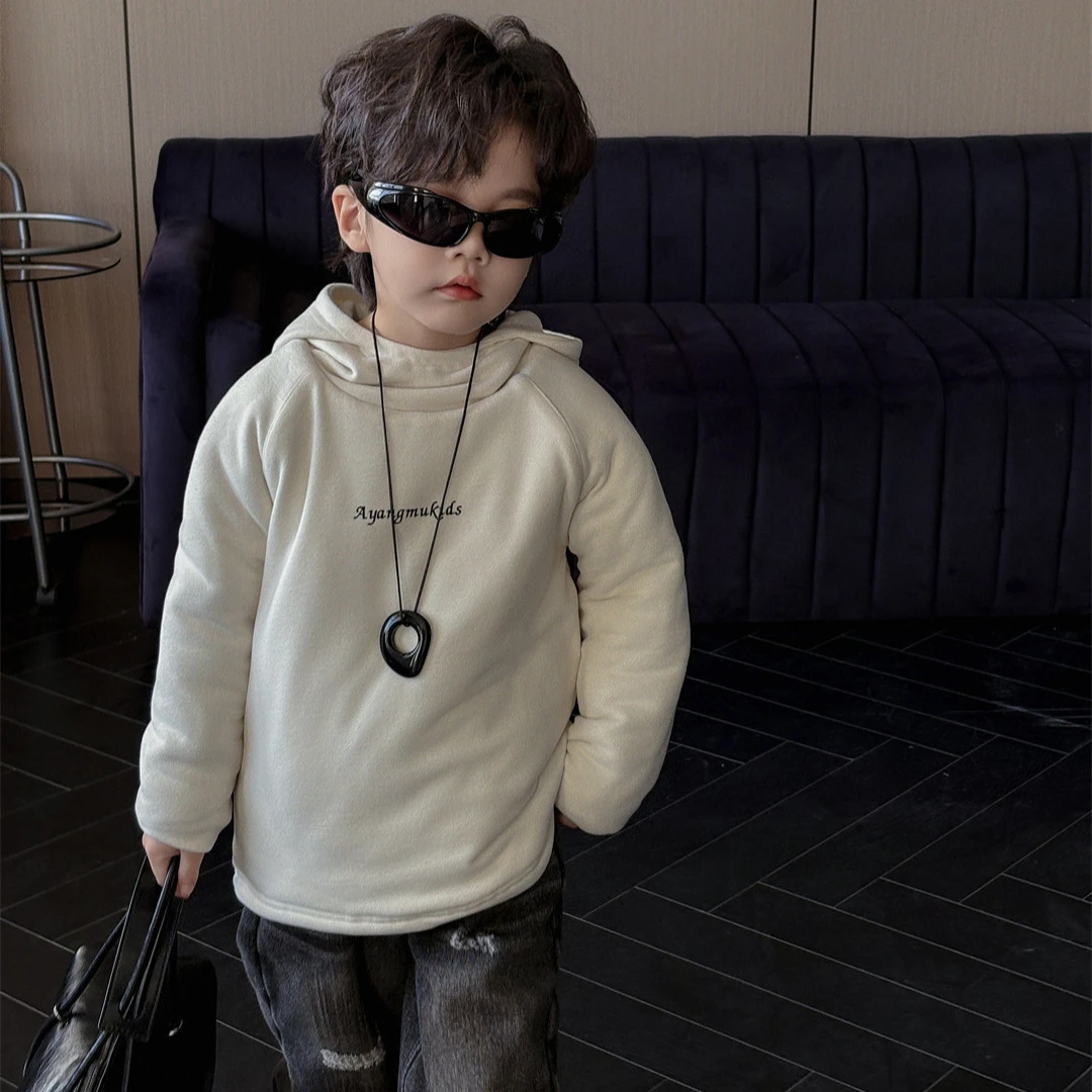 儿童加绒打底衫夹棉男女纯色宝宝半高领加厚连帽保暖上衣韩版套头