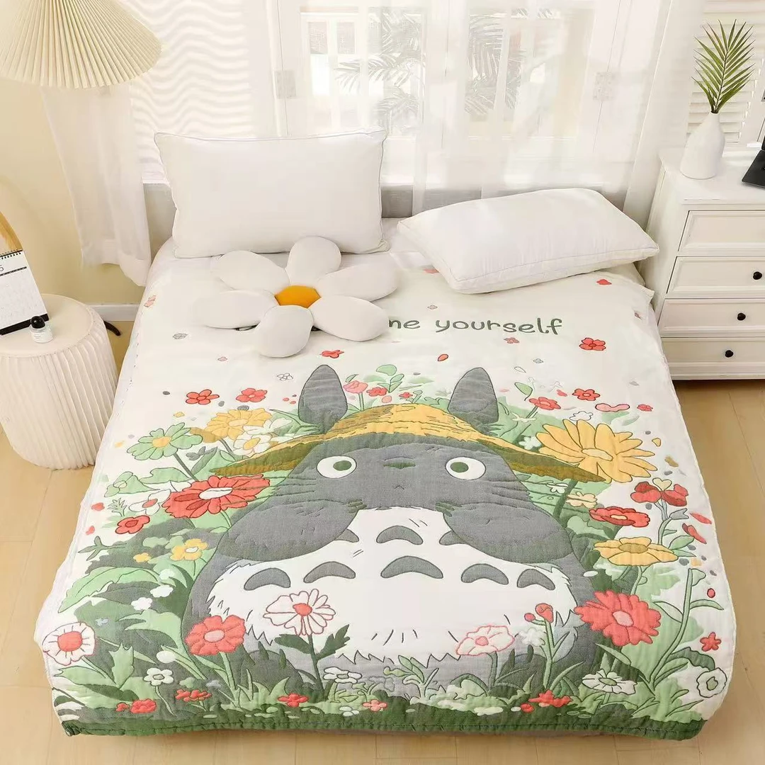 【花朵龙猫】200*230cm全棉纱布泡芙被子面料柔软舒适加厚保暖亲肤