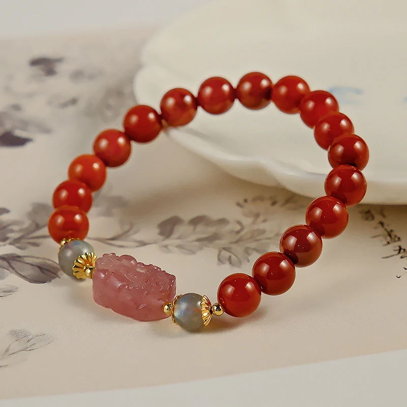 红色单圈红玛瑙手串草莓晶貔貅手链气质小众轻奢国风百搭-5207