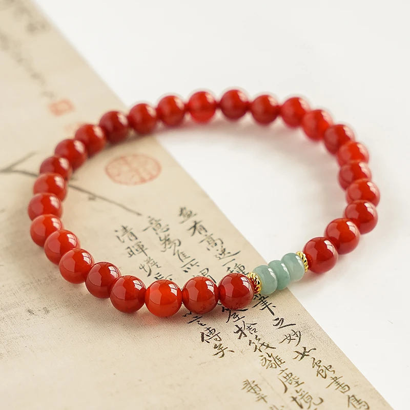 气质风红玛瑙搭配翡翠单圈手链 -7619