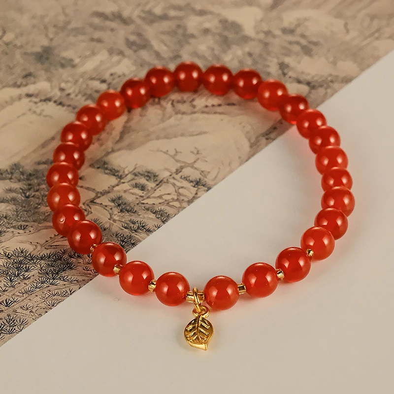 轻奢气质时尚百搭天然红玛瑙加小叶子百搭款手链 -6435