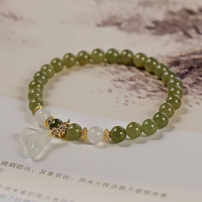 天然和田玉碧玉手串玉髓鱼尾吊坠单圈手链古风小众清新素圈-6686