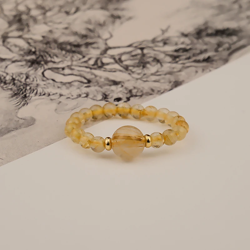 天然金发晶弹力绳戒指 多样性发一  -3078