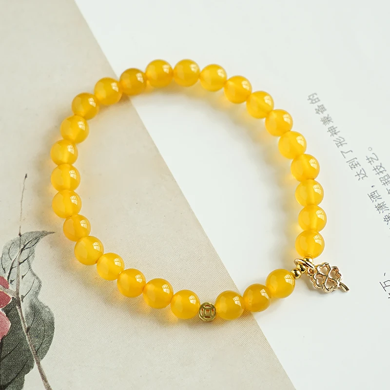 原创单圈黄玛瑙四叶草吊坠手链手串珠打麻将 多样性发一 -6428